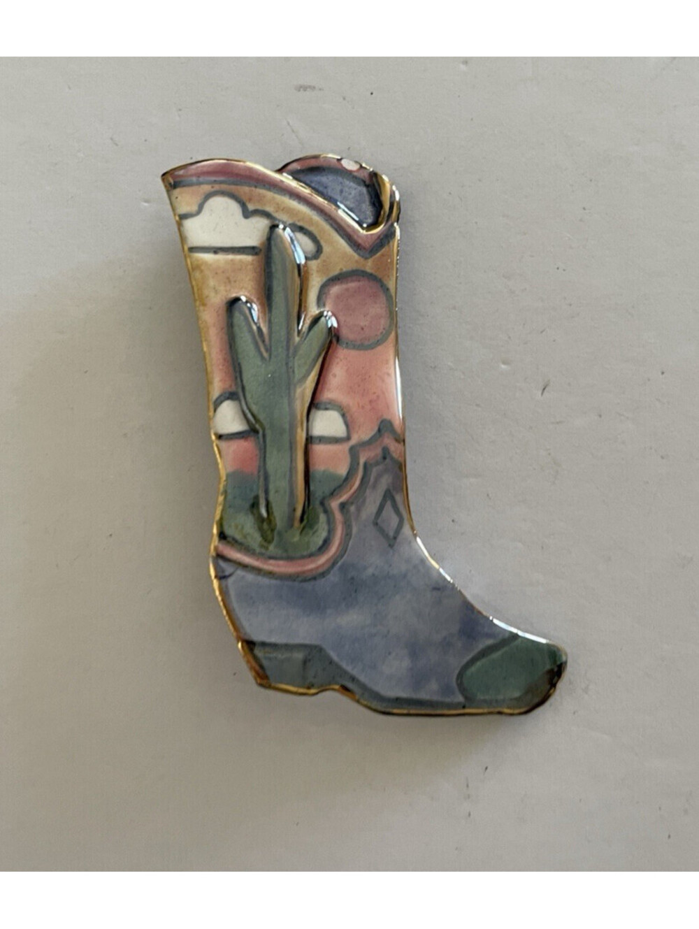 Western Cowboy Boot With Cactus Brooch Pin AS IS CHIPPED